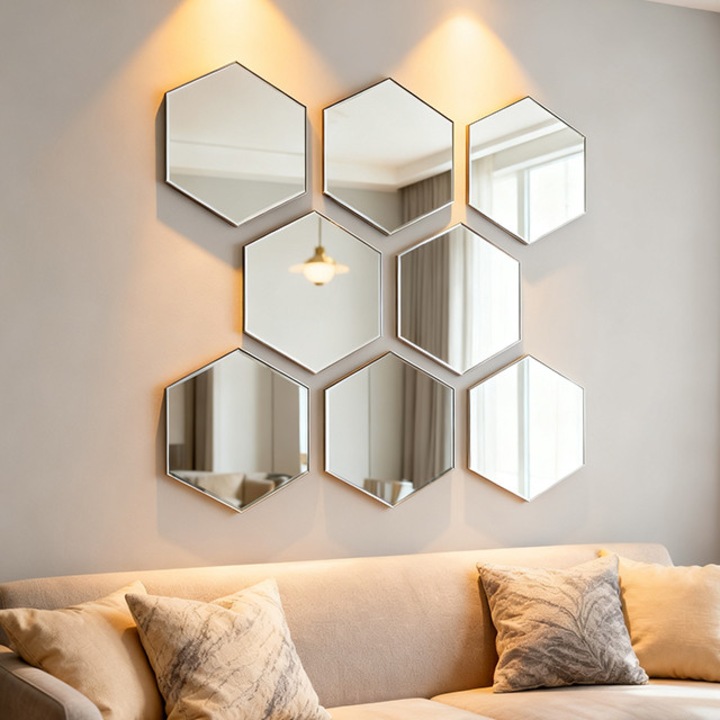 Suprafata din acrilic cu oglinda, Hexagonala, 12.6 cm, 12 piese, Autocolante 3D pentru perete, Decoratiuni unice pentru living, hol, scara