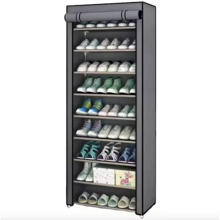 Organizator pantofi demontabil cu 9 rafturi, structura metalica si material textil, gri, 58x30x158 cm, Brivoo®