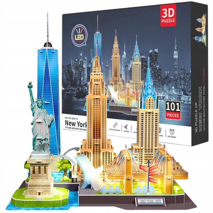 Puzzle 3D - Orasul New York Cu Iluminare Led, Multicolor, 35x22x39 cm, 101 Piese Incluse, Constructie Solida Si Durabila, Fara Necesitatea Utilizarii Uneltelor Suplimentare Pentru Asamblare, Dezvolta Concentrarea Si Gandirea Logica, 101 Piese