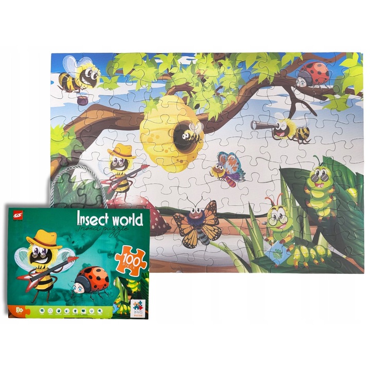 Пъзел за деца с тема насекоми, многоцветен, 100 части, цветна кутия за съхранение с дръжки от въже, превъзходно качество от ламинирана хартия, образователно забавление за деца над 3 години, 100 части