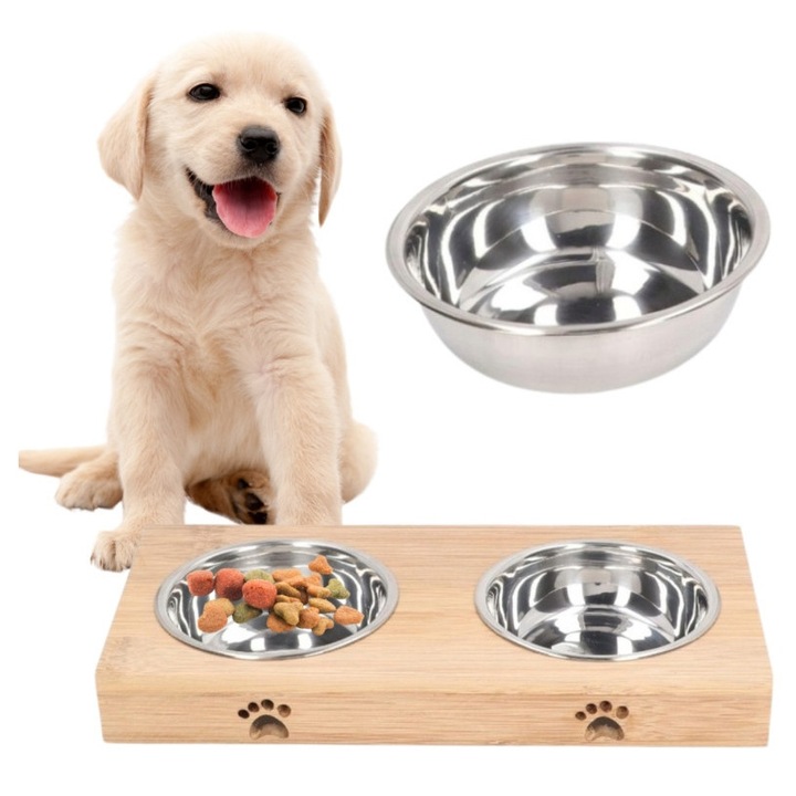 Bol Dublu Metalic Cu Suport Din Bambus, 29.5x14x5 cm, Diametru Bol 12 cm, Bol Realizat Din Material De Inalta Calitate, Rezistent La Caldura Si Usor De Curatat, 2 Boluri Din Otel Inoxidabil, Lavabile In Masina De Spalat Vase