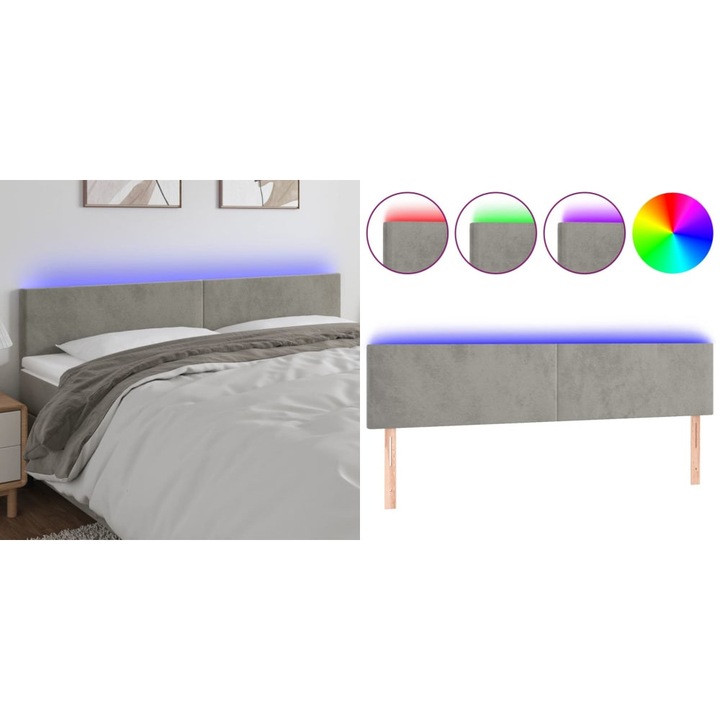 Tablie de pat cu LED, gri deschis, 180x5x78/88 cm, catifea