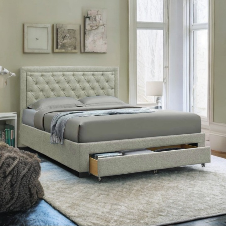 Pat tapitat cu lada depozitare Austin, elemente lemn masiv, stofa, cu somiera, 140x200 cm, crem