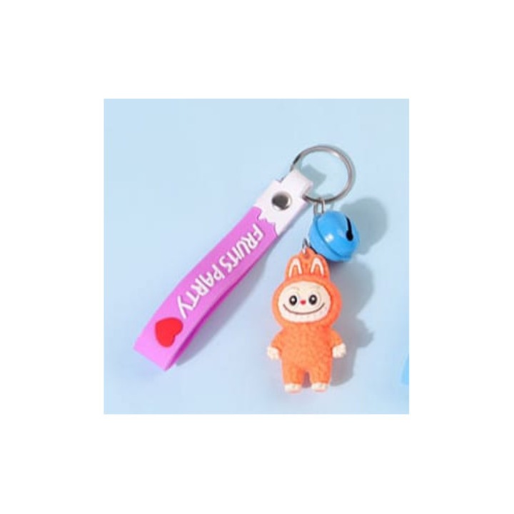 Aranyos kulcstartó, Labubu kompatibilis modell, 5,7x3 cm, ellenálló gumiból, 10 cm-es akasztóval kulcsokhoz vagy táska kiegészítőkhöz, narancssárga