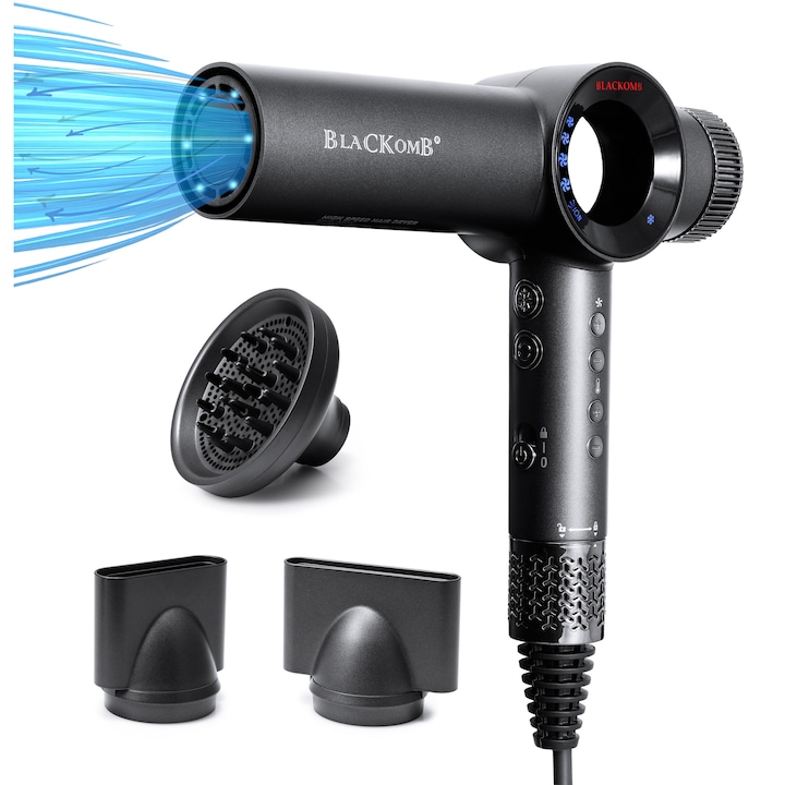 Professzionális Hajszárító Szett Diffúzorral és 2 Koncentrátorral, Ponik's, Blackomb 8300, 3 m, Negatív Ionokkal 1900 W, Szuper Nagy Sebességű BLDC Motor, Fújási Sebesség 17 m/s, Ionzálás Beépített Negatív Ion Generátor, Fekete