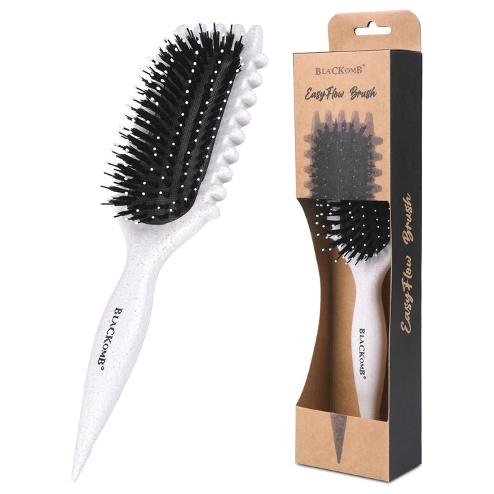 Perie Pentru Bucle, Ponik's, Peria Easyflow Blackomb, 10x10.5 cm, Design Ergonomic, Dispunere Densa A Dintilor Laterali, Fire De Nailon Cu Varfuri Rotunjite, Ingrijire Usoara A Parului, Pentru Masaj, Coafare, Descurcare, Uscare, Negru