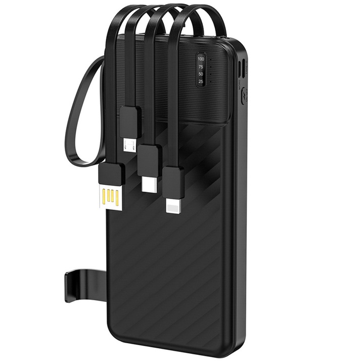 Külső akkumulátor 10000 mAh, gyors töltés, Daden, beépített kábelek, 3 eszköz egyidejű töltése, LED kijelző, 1x USB-C, 1x Micro USB, 1x Lightning, QuickCharge / Gyorstöltés, telefonhoz, táblagéphez és egyéb eszközökhöz, fekete