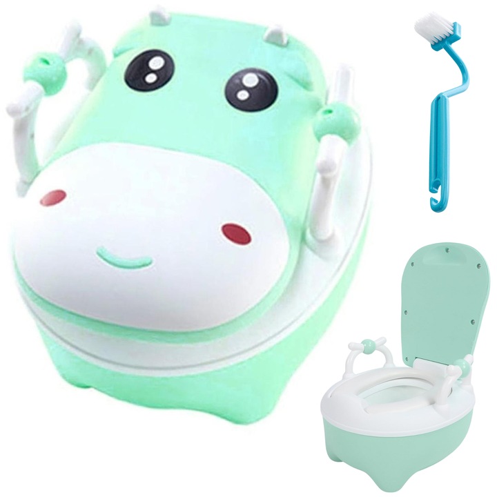 Olita pentru Copii Infiniteea™, Multifunctionala, 6+Luni, Educativa, Ergonomica, Portabila, Capac Moale, Vas Detasabil, Suprafata Antialunecare, Design Distractiv cu Spatar, Model Vacuta, Verde