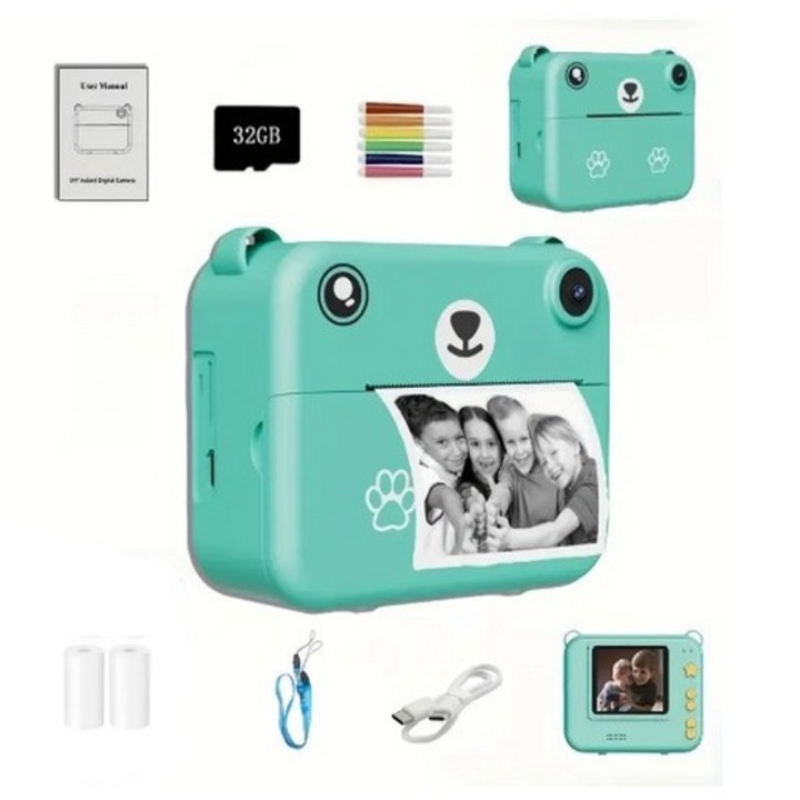 Camera de fotografie instantanee pentru copii SkyTechs® fotografie cu intarziere de 3s/5s/10s, 2 role hartie de imprimare termica baterie de 1500mAh, inregistrare video HD 1080P verde