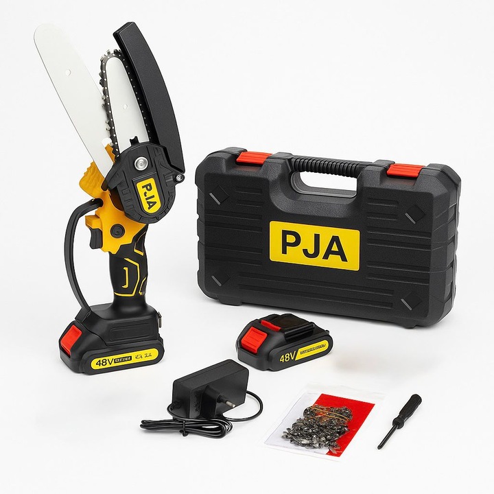 Мини електрически верижен трион 48V, 1500W – Автоматично смазване на веригата, 2 презареждащи се батерии, Мощен и преносим за градина и рязане на дърва