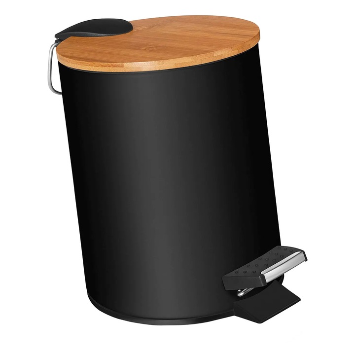 Cos de Gunoi Elindor cu Pedala, Capac din Bambus, 3L, Negru