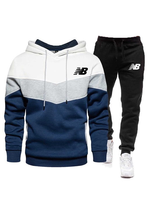 Trening sport, New Balance, hanorac cu gluga si pantaloni, material textil, albastru alb