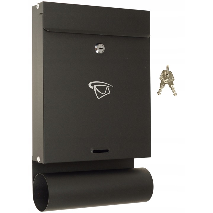 Cutie Postala Neagra Cu Chei, Feinz, Otel, Incuietoare Tip Yale, Protectie Impotriva Apei Si Zapezii, Garnituri Din Cauciuc Pentru Deschidere Silentioasa, 40 x 24.5 x 6 cm, Negru Mat
