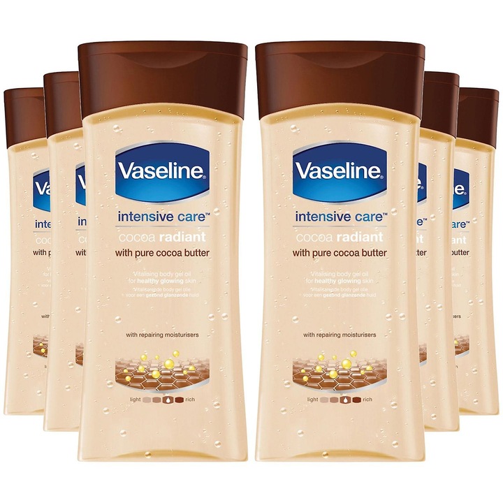 Gel de ulei pentru corp Vaseline Intensive Care Cocoa Radiant, 200ml, set 6 bucati, unt de cacao, hidratare profunda