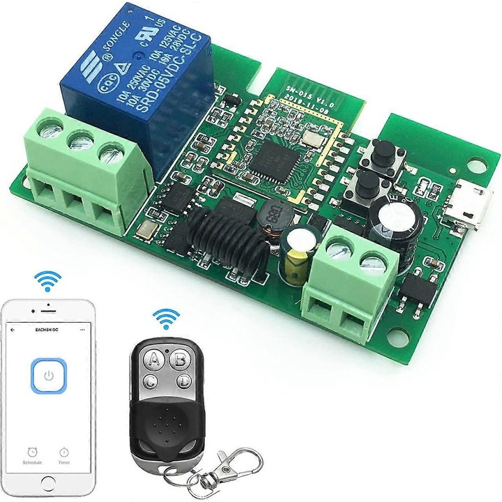 Modul Zigbee 433Mhz cu telecomanda, 1 canal, compatibil Tuya si eWelink, 5V-32V