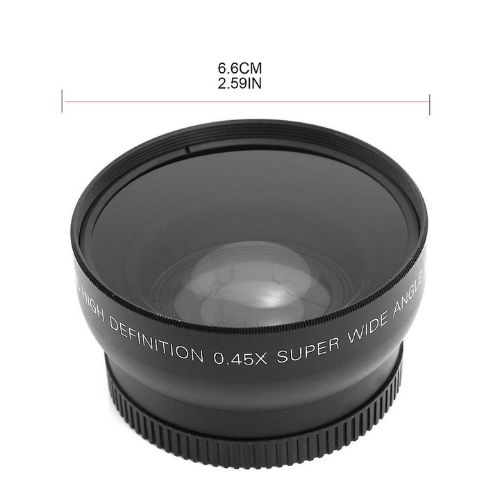Obiectiv wide-angle 55mm 0.45X cu portiune macro, negru, set complet