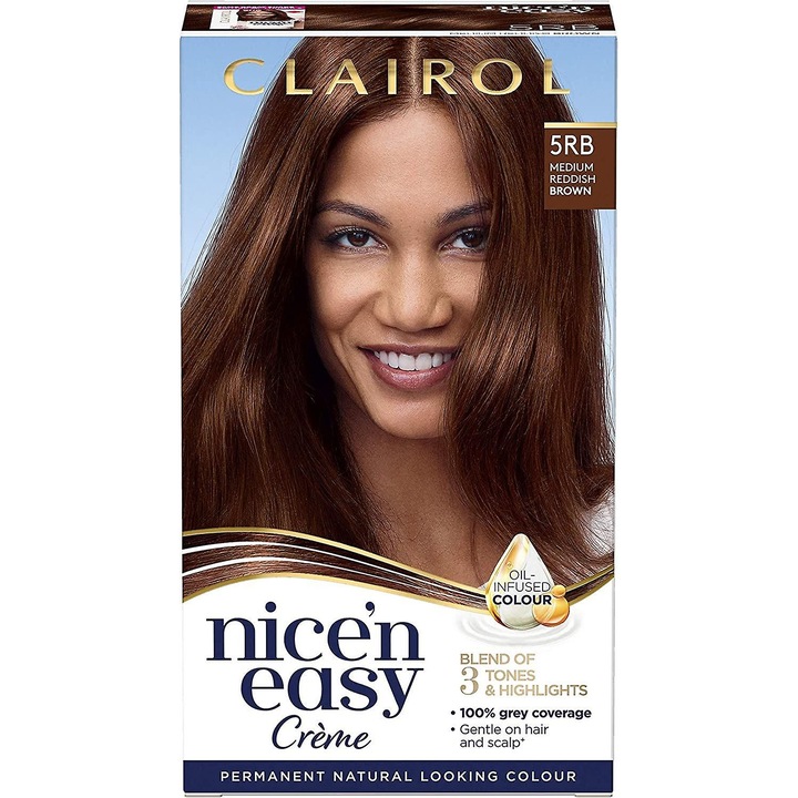 Vopsea de par permanenta Clairol Nice'n Easy 5RB, brunet roscat mediu, 100% acoperire fire albe, ulei infuzat
