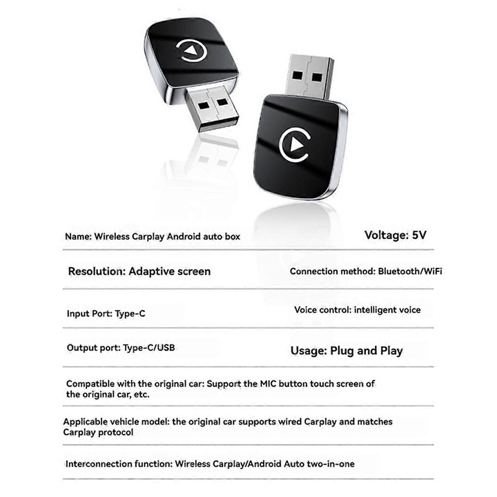 Adaptor Carplay 2 in 1, tip C/USB, wireless, negru