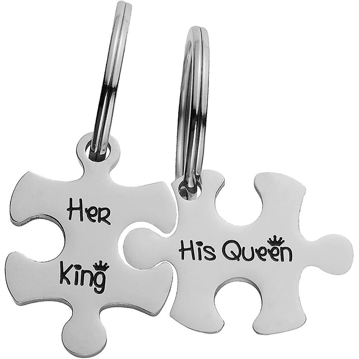 Kulcstartók pároknak, 2 rozsdamentes acél puzzle medál, 2 kulcskarika, ezüst, 55mm