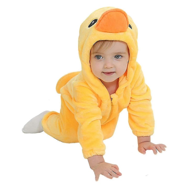 Costum cu gluga pentru copii, animal, 24-30 luni, galben, din flanel de inalta calitate