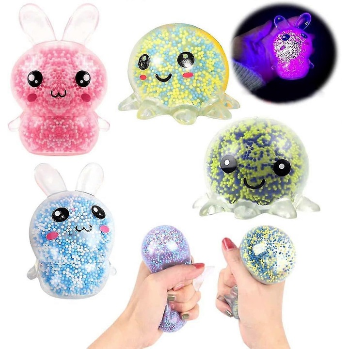 Set de 4 mingi antistres luminoase, 2 caracatite si 2 iepurasi, culori aleatorii, material TPR, jucarii interactive pentru copii