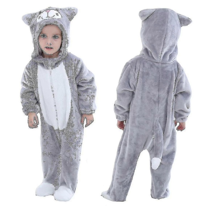 Costum pentru copii cu gluga, 18-24 luni, design animal, gri, din flanel de inalta calitate, cu fermoar si mansete elastice