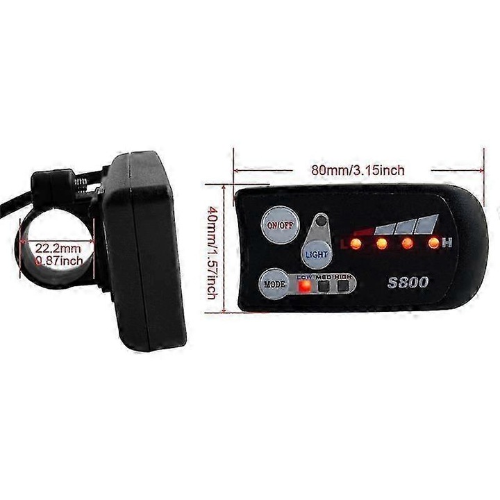 Display LED S800 pentru bicicleta electrica, 36V/48V, conectare waterproof, dimensiune 22.2mm
