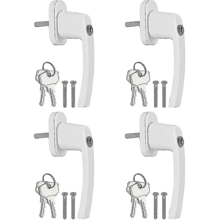 Maner de fereastra din aluminiu, set de 4 bucati, alb, cu incuietoare, lungime pin 35 mm, instalare usoara
