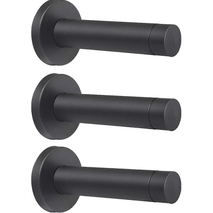 Set 3 accesorii pentru usi, opritor de usa din otel inoxidabil cu capete din cauciuc, montare pe perete, 3.5 inch, alb