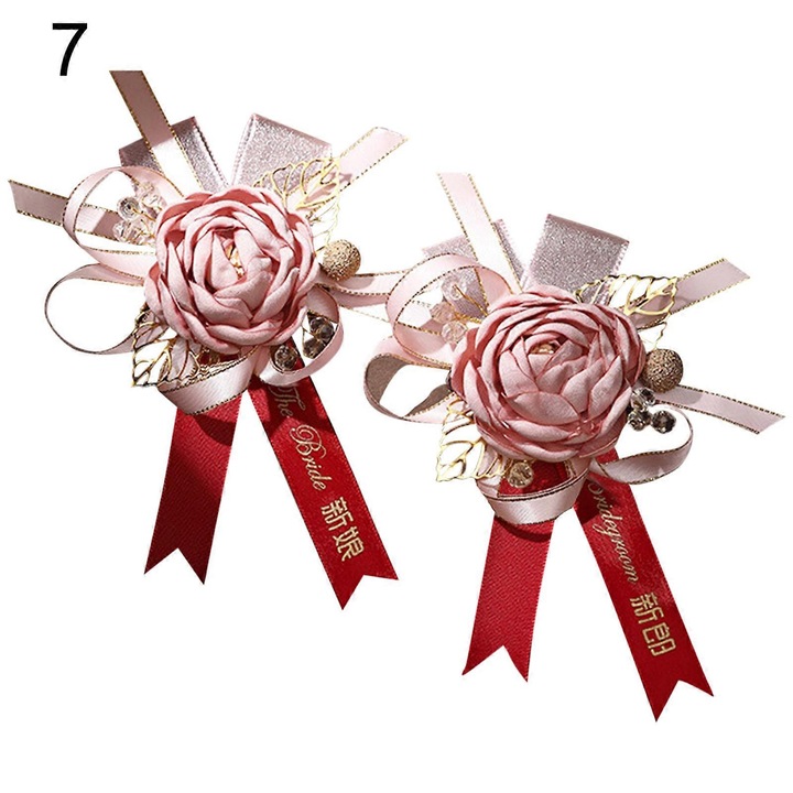 Corsaje de nunta chinezesc, set 2 bucati, material textil si aliaj, 13.5cm x 10cm