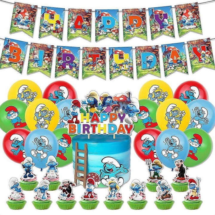 Születésnapi parti szett, Lufik, Boldog születésnapot banner, torta topper, 12 cupcake topper, 16 lufi