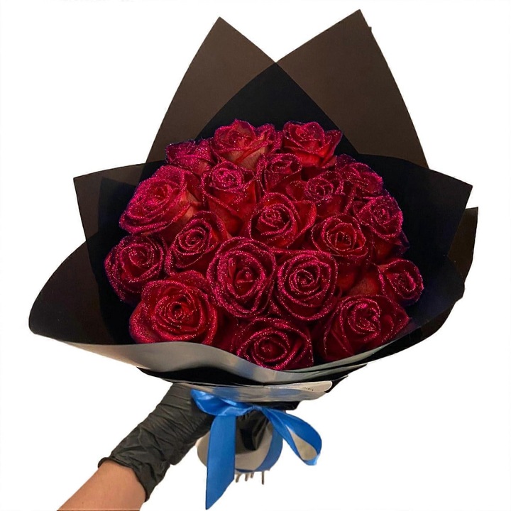 Buchet de trandafiri artificiali cu glitter, set 10 bucati, 5 culori disponibile, dimensiuni variate