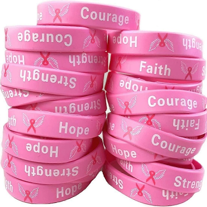 Bratari de constientizare a cancerului la san, set de 30, silicon, Hope-Strength-Faith-Courage, unisex