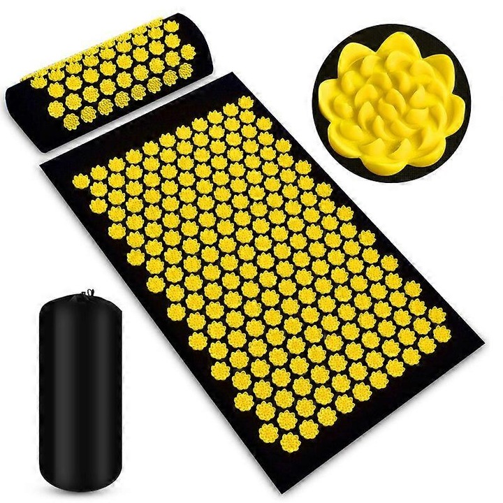 Saltea de masaj cu perna, 64x41x2cm, 34x15x10cm, galben, set complet