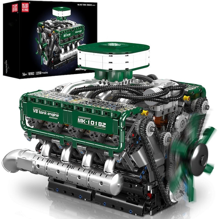 Kit model motor V8 Mould King 10182 care functioneaza, Construieste-ti propriul set de blocuri de constructie cu motor de rezervor cu baterie si motor, Kit auto modernizat pentru modul motor cu 8 cilindri, Jucarii STEM pentru adulti (2250 bucati)