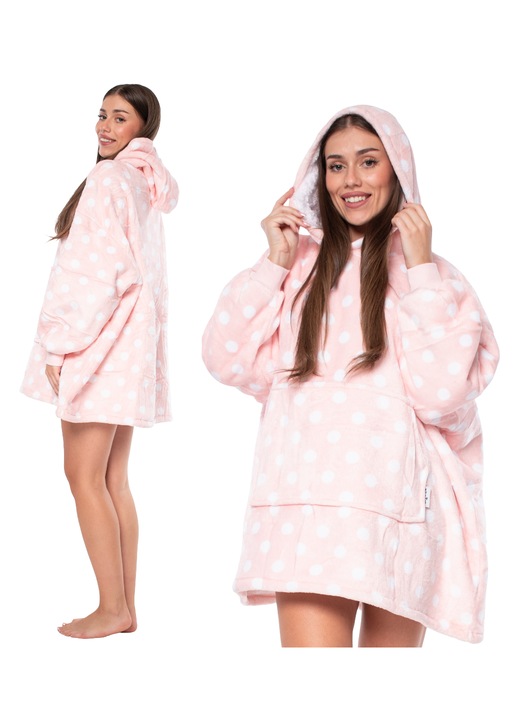 Hanorac 2 in 1 supradimensionat, flanel, cu gluga si buzunar tip cangur, roz/alb, 2XL INTL