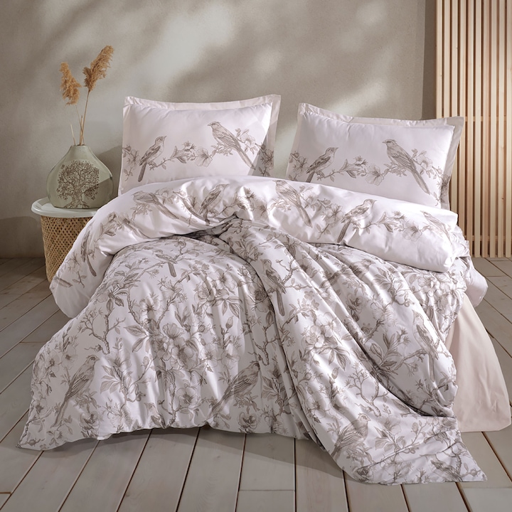 Lenjerie pat dublu NufJoy® 100% BUMBAC RANFORCE, 4 Piese, King Size, cearsaf pat 240x260 cm, pilota 200x220 cm, 2 fete perne 50x70, Calitate Premium, Cutie Cadou, Mevlin