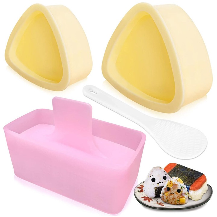 Set forme onigiri 4PCS, 2 forme triunghiulare, 1 presa musubi, plastic, 7.5x7x4cm, 6.5x5.5x3.5cm, 10.3x5.8x4.8cm