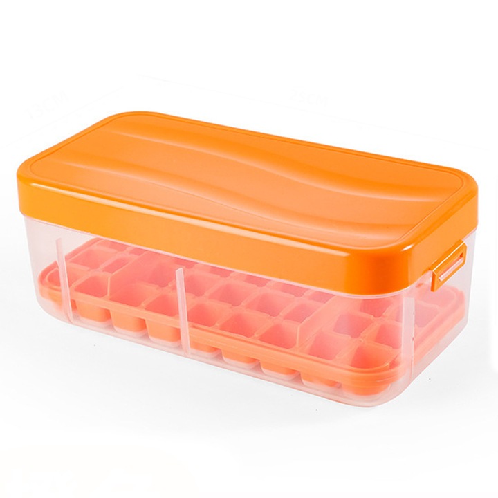 Tava cuburi gheata cu capac si recipient, 108 cuburi, portocaliu, 25x13x10cm