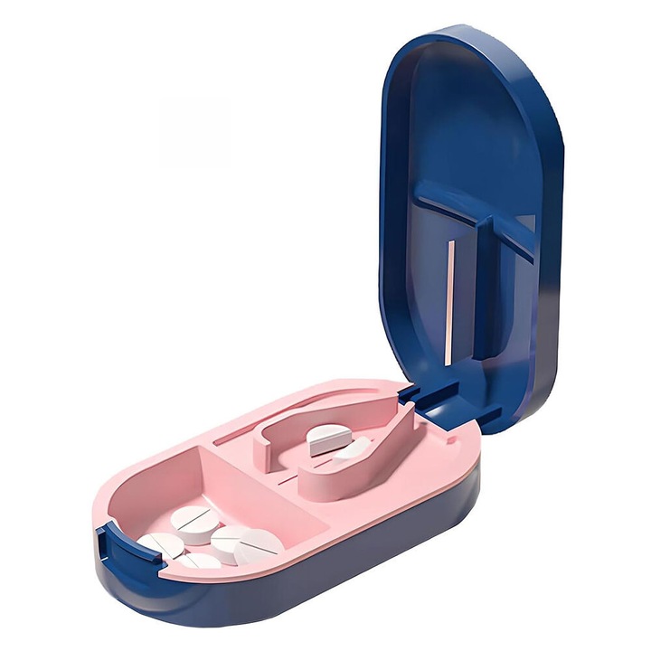 Cutter de pastile 2 in 1, cu compartiment mini pentru pastile, 8.5x4.5x2.5CM, albastru/roz