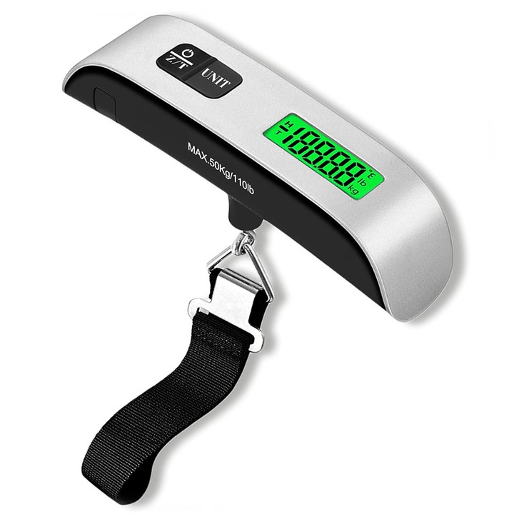 Hordozható poggyászmérleg, 13x7,5 cm, max. 50 kg teherbírás, megvilágított LCD kijelző, szett