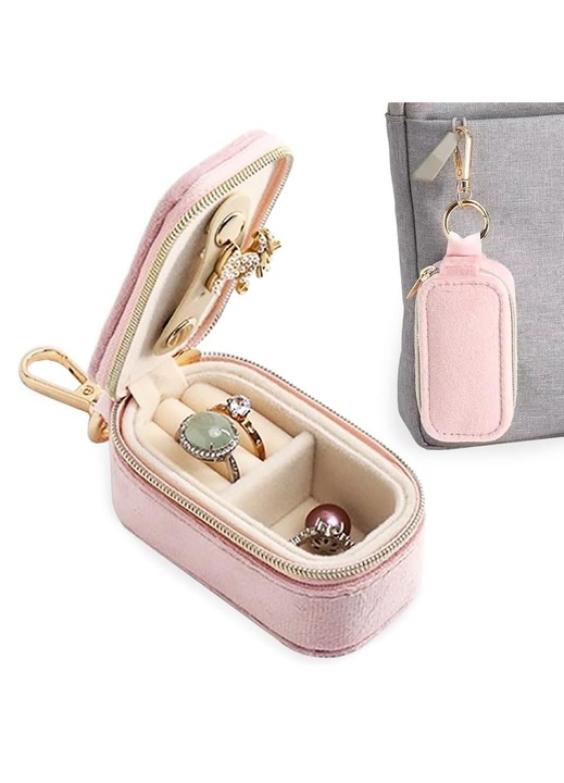 Cutie bijuterii mini calatorie, roz, 8x4x4cm, organizator cu fermoar, set
