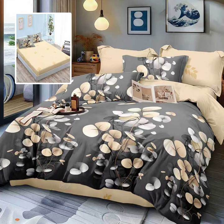 Lenjerie pat dublu Finet Gros 6 piese, NufJoy®, Cearceaf cu elastic pentru saltea 160x200 cm sau 180x200 cm, cearsaf pilota 200x230 cm, 2 fete perna 70x70 cm, 2 fete perna 50x70 cm Black Dream