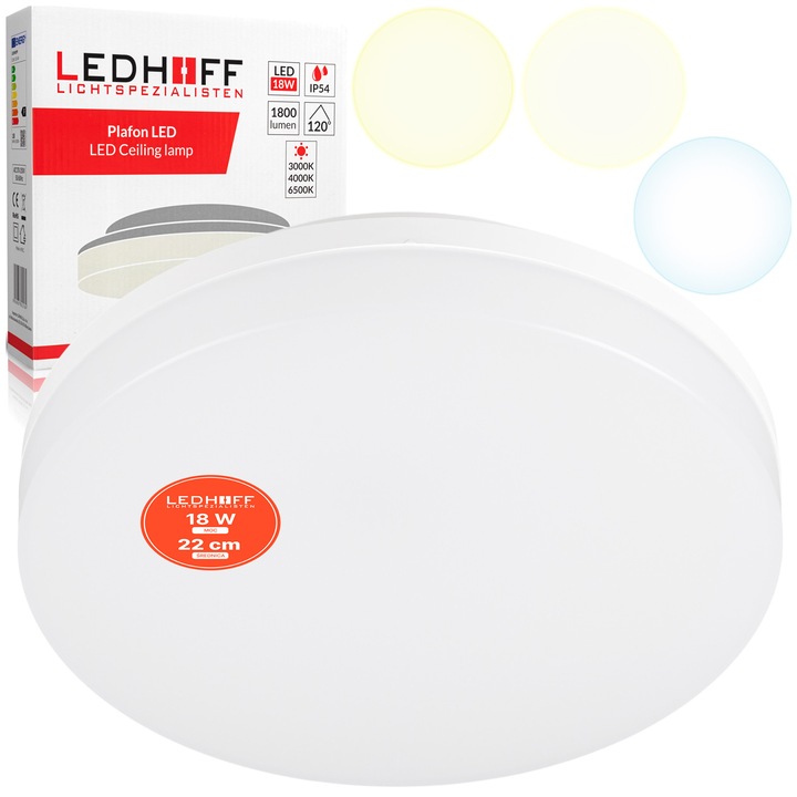 Lampa De Tavan, Led, Ledhoff, 18 W, 1800Lm, Alb, 22x3.5 cm, IP54, 3 Culoari De Lumina