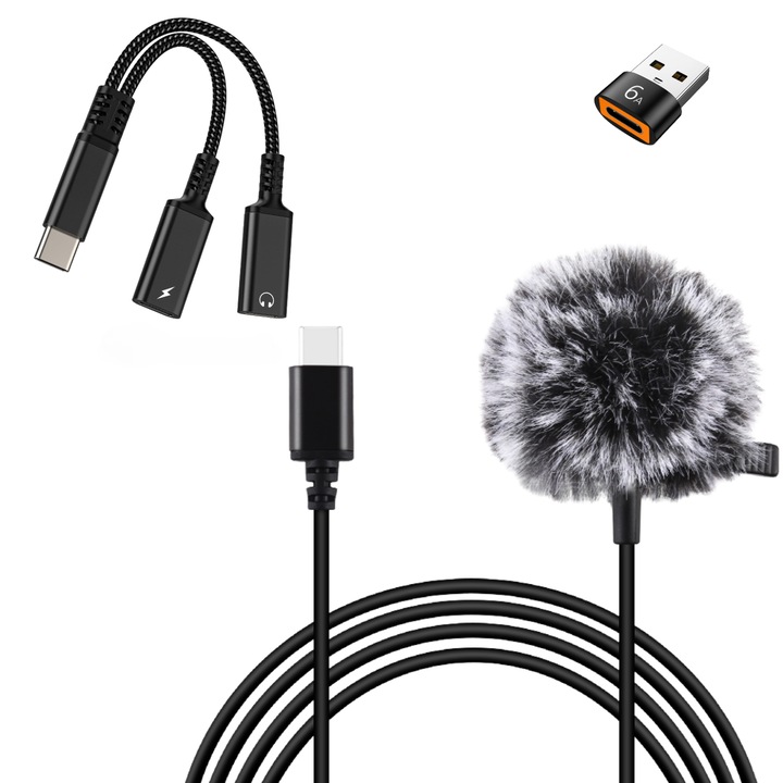 Set microfon lavalier PULUZ USB-C, 1.5m, condensator cu reducere zgomot, Vlog/Interviuri/Live, adaptor 2in1 Type-C audio+incarcare + adaptor USB–Type-C