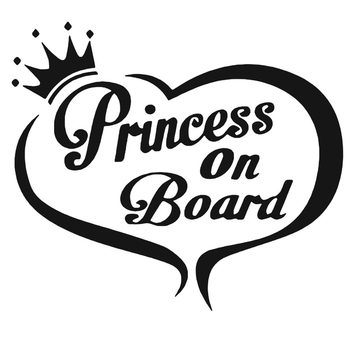 Sticker auto Princess on board cu inima, rezistent la apa si UV, negru, 16cm