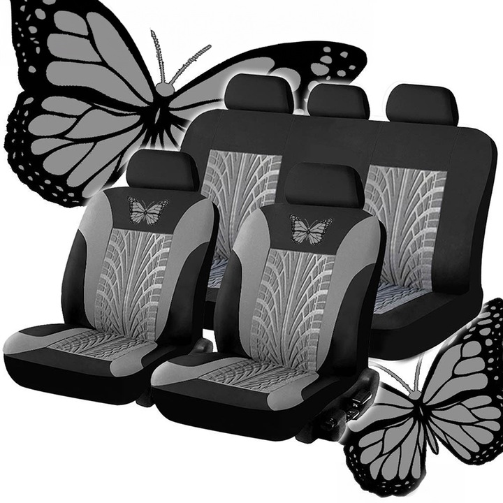 Huse auto Butterfly FooFoony, set 9 buc, model fluture, material moale si respirabil, compatibile cu airbag-uri, instalare rapida, potrivite universal pentru masina, SUV, protectii pentru scaun, gri, dimensiuni 65x57x55cm
