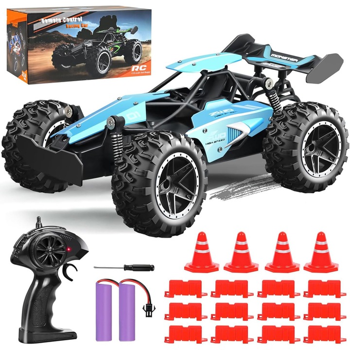 Távirányítós RC autó, Drift autó, 20km/h, 2.4GHz, Kék, 1:18, 16 kiegészítővel, 2 újratölthető akkumulátorral