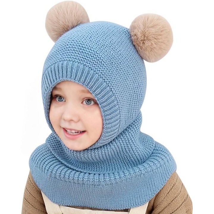 Set caciula pentru iarna cu fular pentru copii, model cu urechi pom pom, potrivite pentru copii cu varsta intre6 luni – 6 ani, albastru