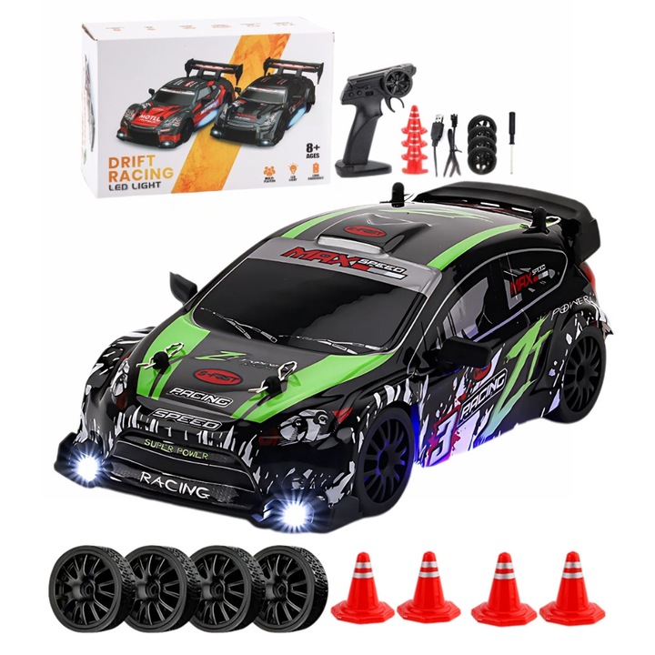 Количка с дистанционно управление, Модел Ford Rally, RC Дрифт Кола, 1:24, 2.4GHz, Пълно задвижване, 2 Комплекта Гуми (Скорост и Дрифт), Включени Препятствия, Акумулаторна Батерия, Зелен/Черен